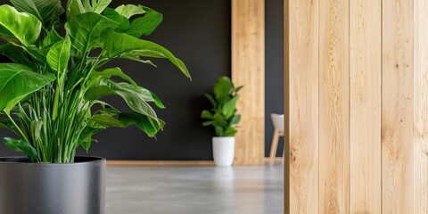 Aufkleber - A modern interior featuring lush green plants in stylish pots against a backdrop of wooden walls and a sleek floor, creating a serene ambiance.
