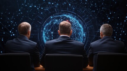 Fototapete - Three individuals in suits observe a glowing digital sphere, surrounded by a network of particles, suggesting advanced technology and data analysis.