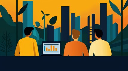 Fototapete - Three individuals overlook a vibrant cityscape at sunset, with greenery and a laptop displaying charts, hinting at urban development and sustainability.