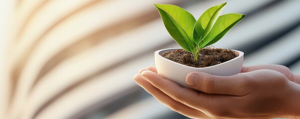 Poster - A hand holds a small plant in a white pot, symbolizing growth and nurturing against a softly blurred background.