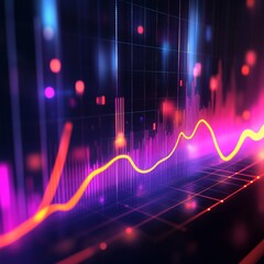 Poster - Abstract Financial Chart with Rising Trend Line and Bar Graphs in Neon Colors, Representing Market Growth and Business Analytics