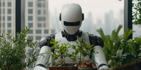 Poster - A humanoid robot tends to plants in a modern indoor garden, blending technology with nature in a serene environment.