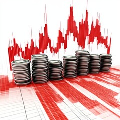 Leinwandbilder - Coin Stacks with Volatile Market Chart, Indicating Financial Risk and Potential Growth in an Unstable Economy 