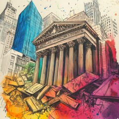 Poster - Colorful Watercolor Sketch of a Cityscape with Architectural Landmarks and Modern Buildings