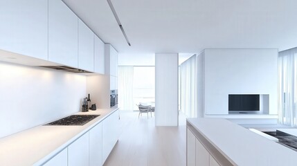 Poster - airy kitchen with sleek white counters and a folding screen beside a white wall.