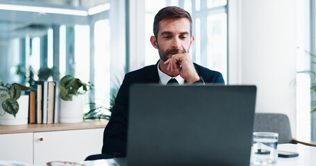 Fototapete - Business, decision and man in office, laptop and internet with connection, choice and wonder. Financial advisor, investor and employee in workplace, computer and ponder with email or online reading