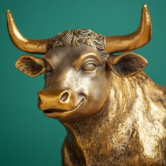 Poster - Golden Bull Sculpture on Teal Background - Close-up of a Beautiful Decorative Object