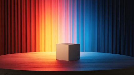 Aufkleber - A minimalistic scene featuring a cube on a stage with vibrant gradient lighting, blending reds and blues against a backdrop of colored curtains.