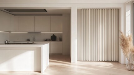 Poster - kitchen with white counters and a folding screen next to a white wall.
