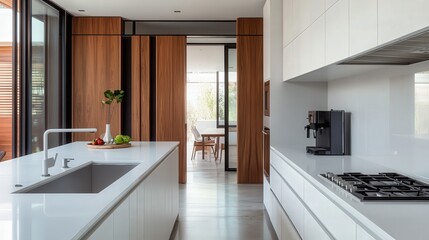 Poster - kitchen space where the white countertops and folding screen near a white wall establish