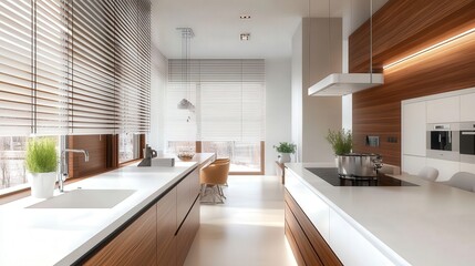Poster - kitchen space where the white countertops and folding screen near a white wall establish