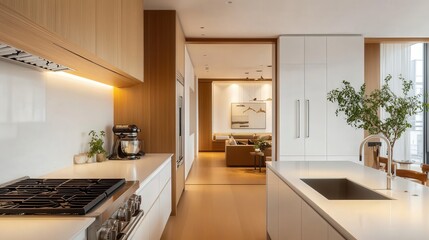 Poster - kitchen with white counters, a folding screen, and a white wall, where the design evokes a sense of spaciousness and easy flow