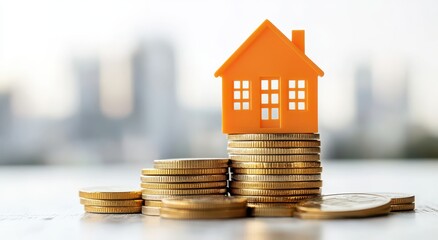 Poster - Orange House Model on Stacked Coins Symbolizing Real Estate Investment and Financial Growth in a Blurred Urban Background