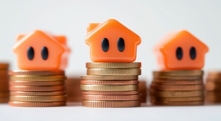 Poster - Orange house symbols on top of stacks of coins represent savings for real estate investment and financial growth in property market transactions.