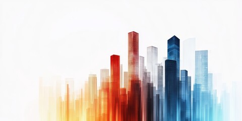 Aufkleber - An abstract city skyline illustration featuring colorful bars in blue, red, and orange against a white background.