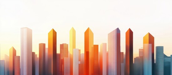 Poster - A vibrant city skyline at sunrise, showcasing tall skyscrapers with geometric shapes and warm colors reflecting the light.
