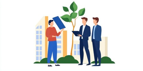Fototapete - Three professionals engage in a discussion outdoors, surrounded by greenery and modern buildings, highlighting teamwork and innovation.