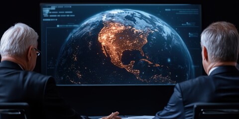 Fototapete - Two individuals observe a digital globe displaying illuminated regions, reflecting global data and connectivity in a high-tech environment.