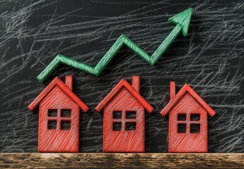 Poster - Red houses with a green growth arrow on a chalkboard background representing real estate market trends and investment opportunities in property value
