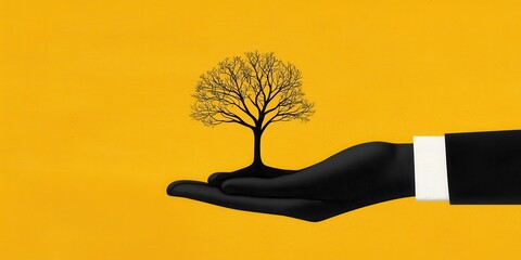 Poster - a stylized hand holding a small tree against a bright yellow background, symbolizing growth and envi