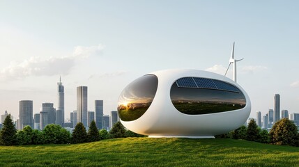 Poster - A futuristic building design set in a green landscape, featuring sleek lines and large windows, with a city skyline and wind turbine in the background.