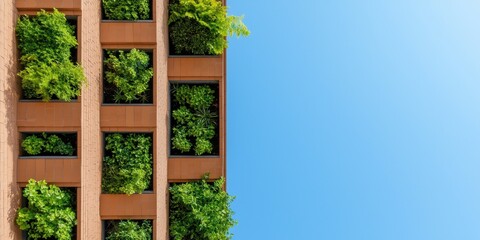 Poster - A modern building features lush green plants in vertical gardens, set against a clear blue sky, showcasing eco-friendly architecture.