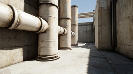 Aufkleber - An industrial corridor featuring large, textured pipes and concrete walls, under a clear blue sky, suggesting a modern architectural design.