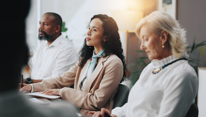 Aufkleber - Business, woman and listening in meeting with notes for budget planning, financial insight or b2b clients. Finance, collaboration or group with presentation in office for funding proposal or feedback
