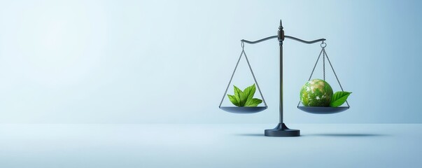 Poster - A balance scale with green plants on each side symbolizes environmental balance and sustainability.