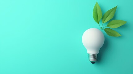Poster - A light bulb with green leaves on a turquoise background, symbolizing eco-friendliness and sustainable energy.