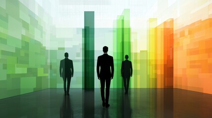 Fototapete - Abstract image of three figures silhouetted against colorful, upward bars, representing growth, progress, or data analysis.