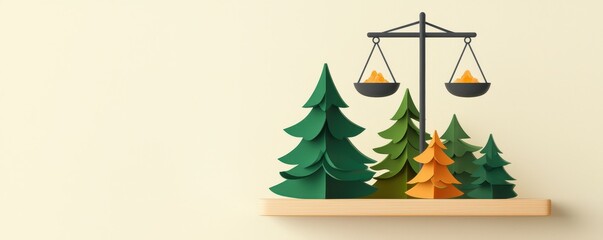 Poster - A creative depiction of balance using trees and a scale, symbolizing nature and fairness in a minimalist design.