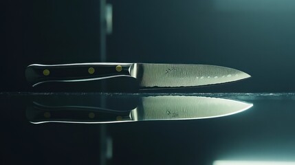 A sharp chefs knife reflecting on a dark glass surface