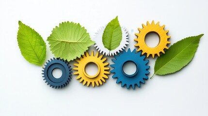 Poster - A colorful arrangement of gears and green leaves symbolizes the blend of nature and technology.