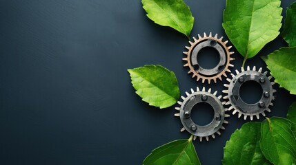 Poster - A creative arrangement of metal gears surrounded by lush green leaves, symbolizing the blend of nature and machinery.