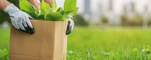 Poster - A person in gloves is handling a box filled with green plants, set against a grassy background with a hint of urban life.