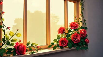 Poster - A window with a bunch of red roses in it. The roses are in a vase and are placed on the window sill