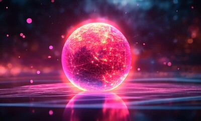 Wall Mural - A glowing pink sphere surrounded by vibrant particles, reflecting on a smooth surface in a cosmic setting