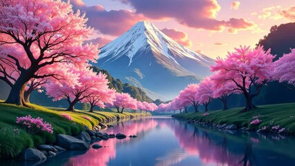 Poster - A mountain range with a pink and purple sky. Trees are in the foreground and the mountains are in the background
