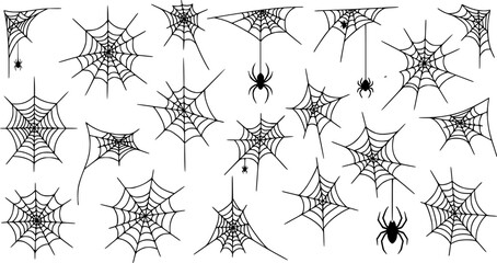Set of web silhouettes. Spider web collection for halloween. Black and white illustration of elements for decor for the celebration of Halloween.
