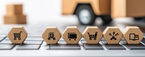 Poster - A close-up of hexagonal wooden tokens displaying various shopping-related icons on a keyboard, symbolizing e-commerce and digital transactions.