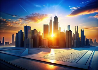 Poster - Silhouette Cityscape Rising from Blueprint - Architectural Design Concept