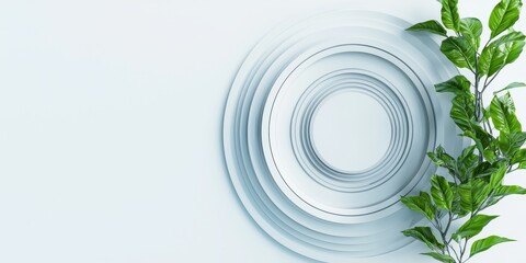 Poster - A minimalist composition featuring layered circular plates and a green plant, emphasizing simplicity and elegance against a light background.