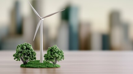 Poster - A miniature wind turbine stands among small trees, symbolizing renewable energy and environmental sustainability against a blurred urban backdrop.