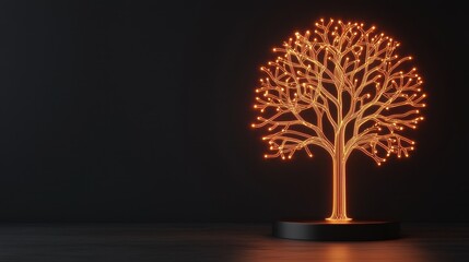 Poster - A decorative illuminated tree sculpture with intricate branches and warm glowing lights against a dark background.