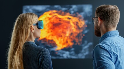 Poster - Two individuals observe a vibrant, fiery display on a screen, with one wearing virtual reality goggles, showcasing technology and immersive experiences.