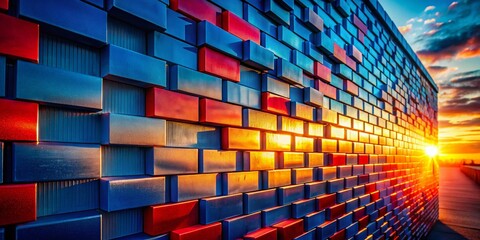 Poster - Silhouette of Colorful Block Wall: Abstract Blue & Red Architectural Design