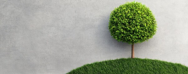 Poster - A minimalistic image featuring a small green tree atop a grassy hill against a textured gray wall.