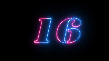 Fototapete - Neon countdown text number illustration. Glowing neon numeric number 16. Two color neon futuristic effect. Trendy glow lighting