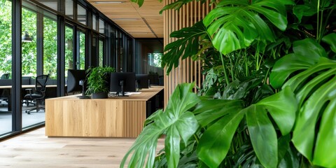 Poster - A modern office interior featuring large windows, wooden accents, and lush green plants, creating a vibrant and inviting workspace.